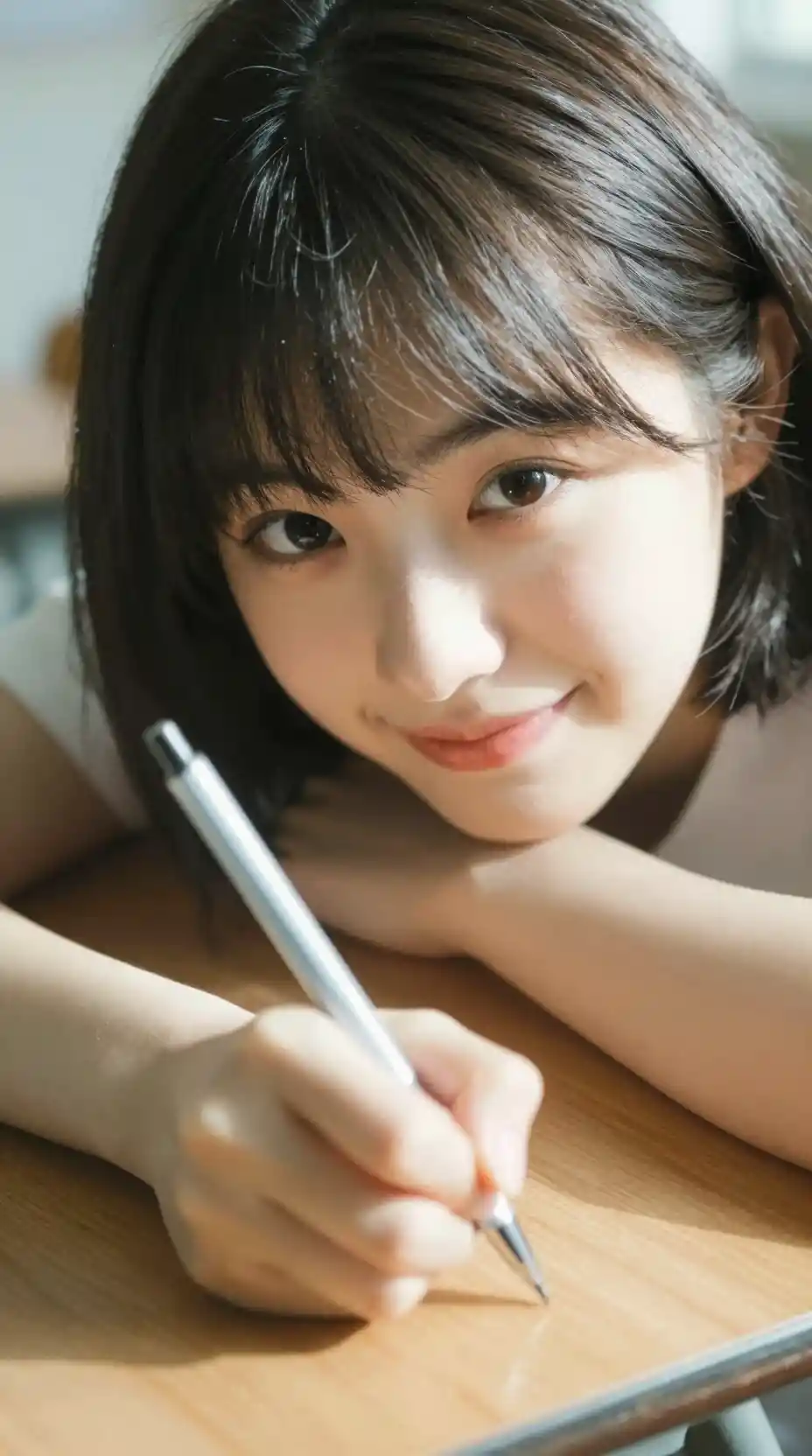 Playful japanese girl leaning over a nostalgic classroom desk