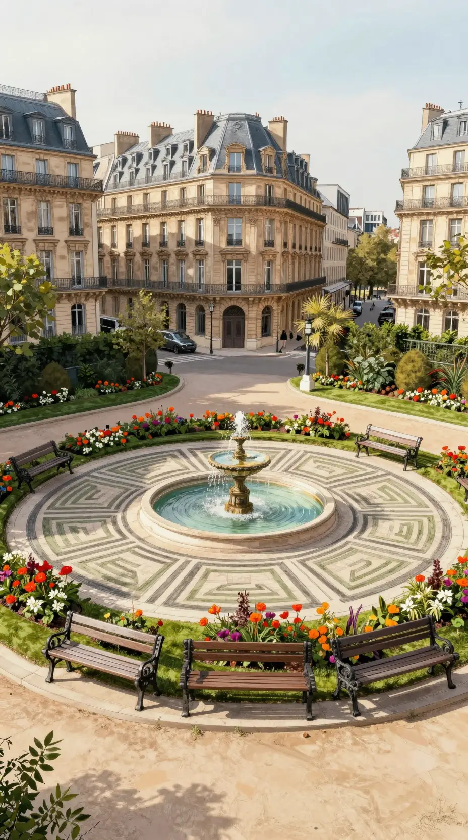 Charming urban park corner with fountain and flowerbeds
