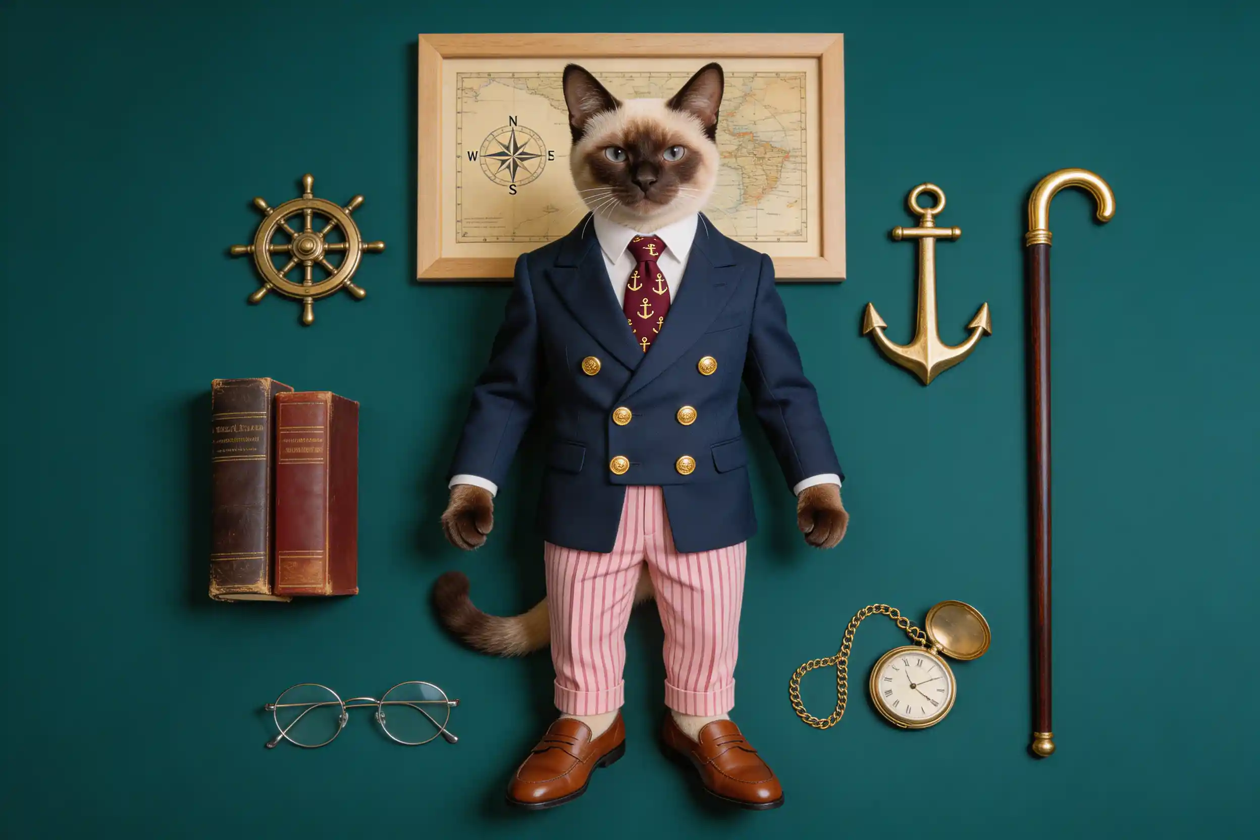 Roupa de gato siamês com acessórios náuticos em flat lay