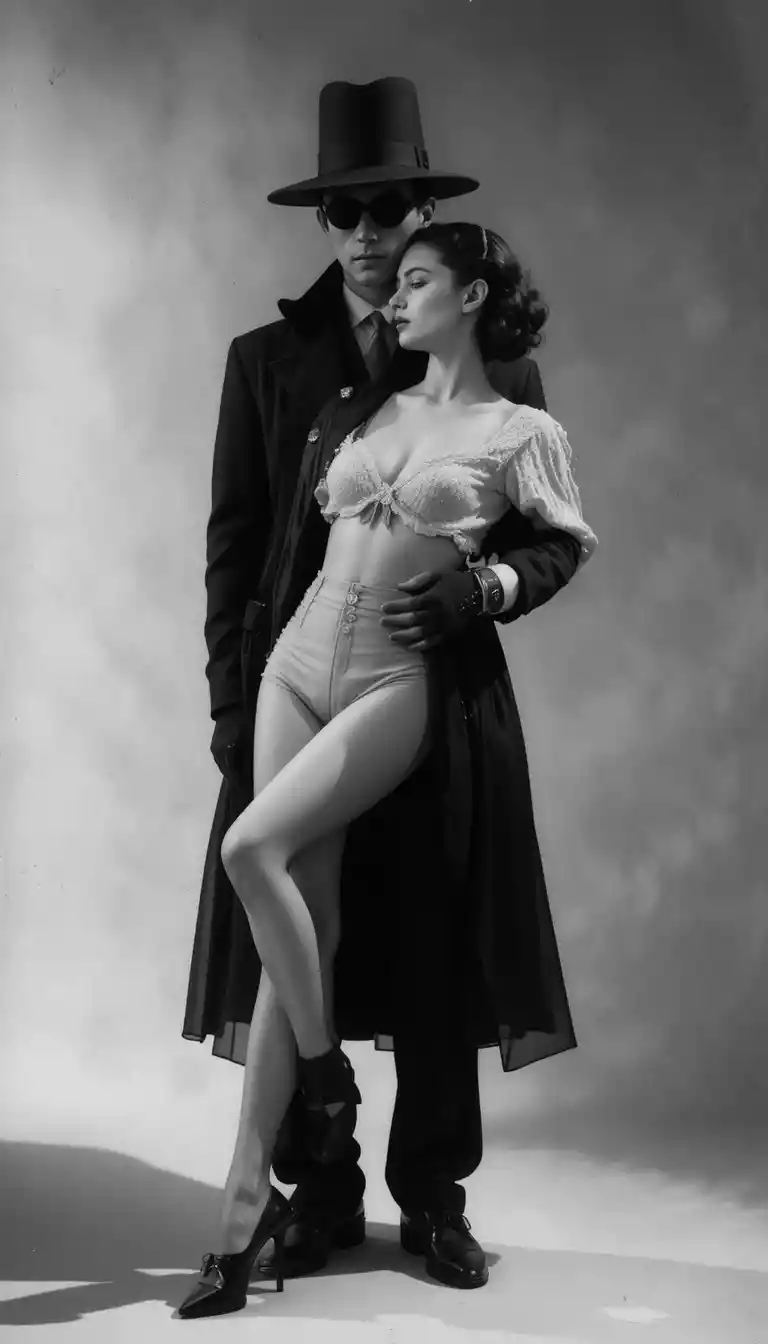 Private detective holding a woman in a 1940s studio scene