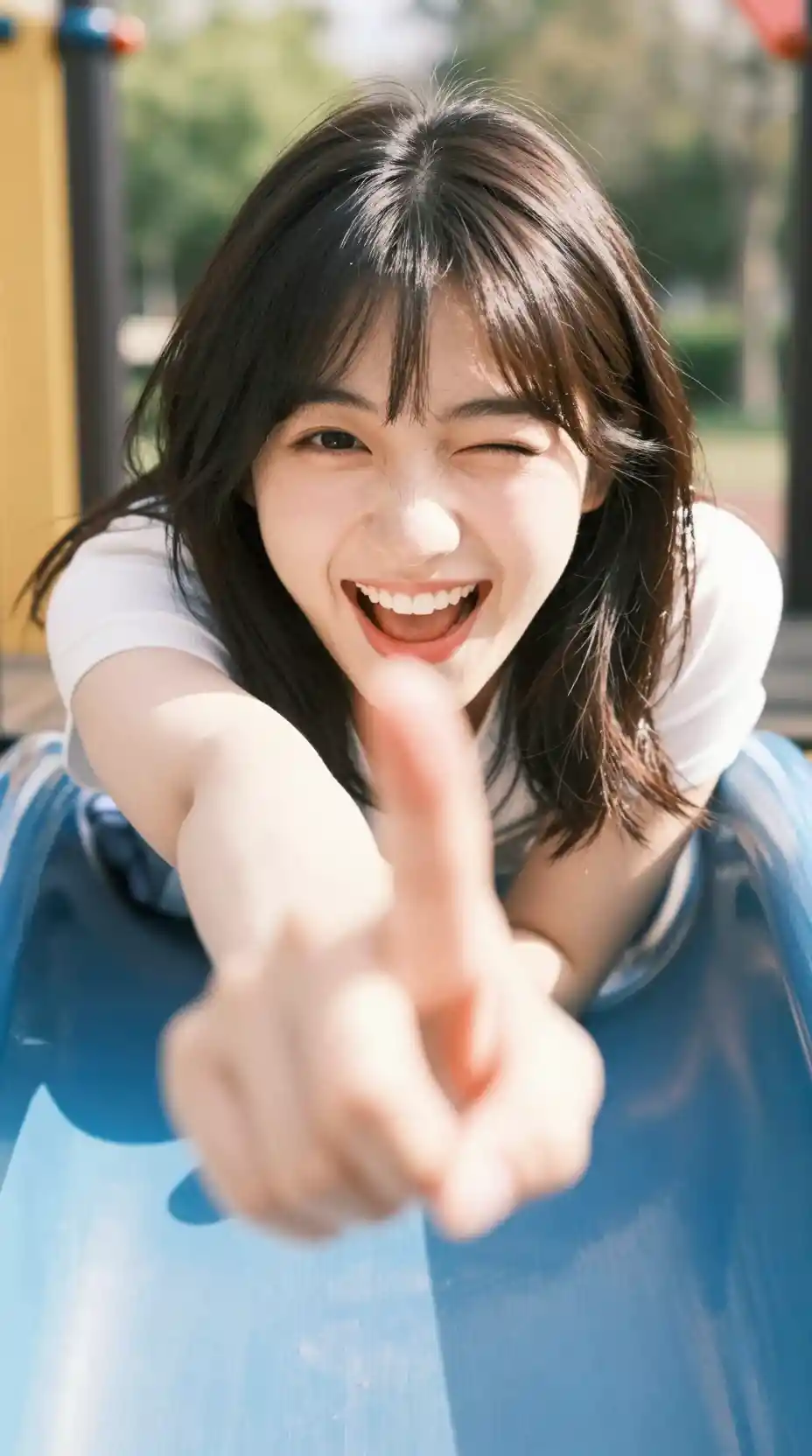 카메라 렌즈를 향해 손을 뻗으며 웃는 일본인 소녀