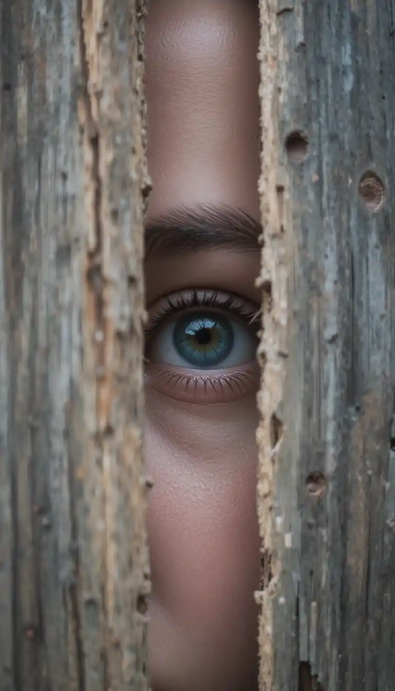 Ojo de niña enmarcado por una estrecha abertura de ventana de madera envejecida