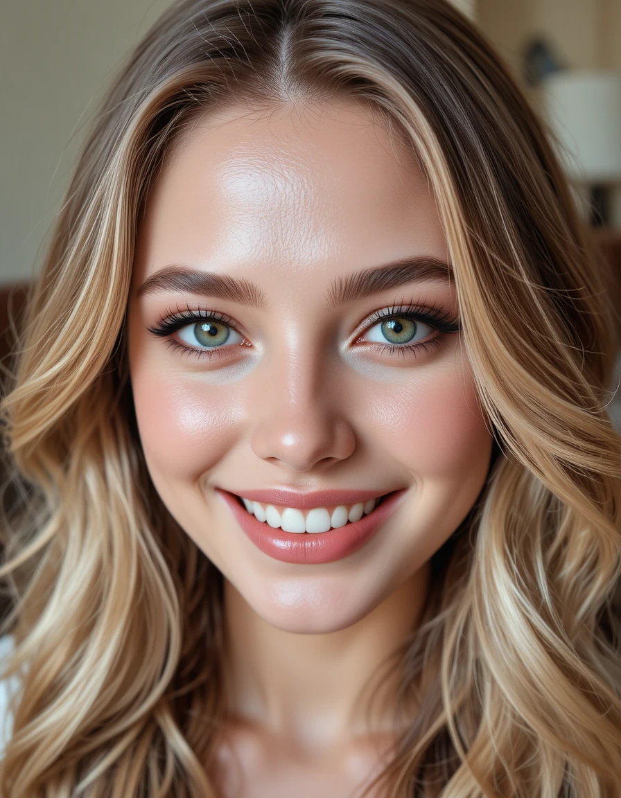 Close up portrait of smiling blonde woman with green eyes