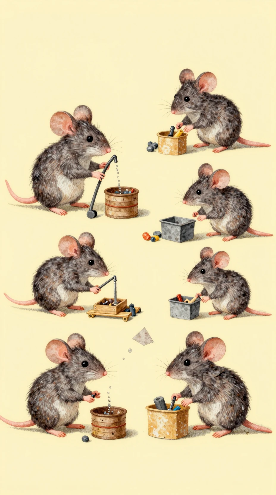 かわいいネズミの建設作業員たちのにぎやかで幻想的なイラスト