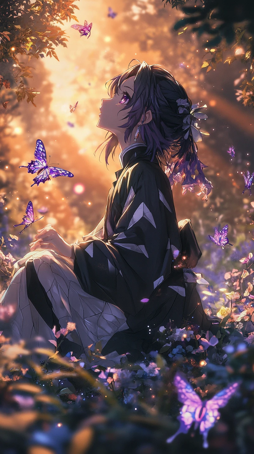 Anime-Mädchen im leuchtenden Garten, das in den strahlenden Himmel blickt