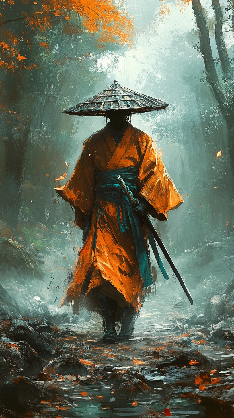 朦霧森林中的橘色和服蒙面武士