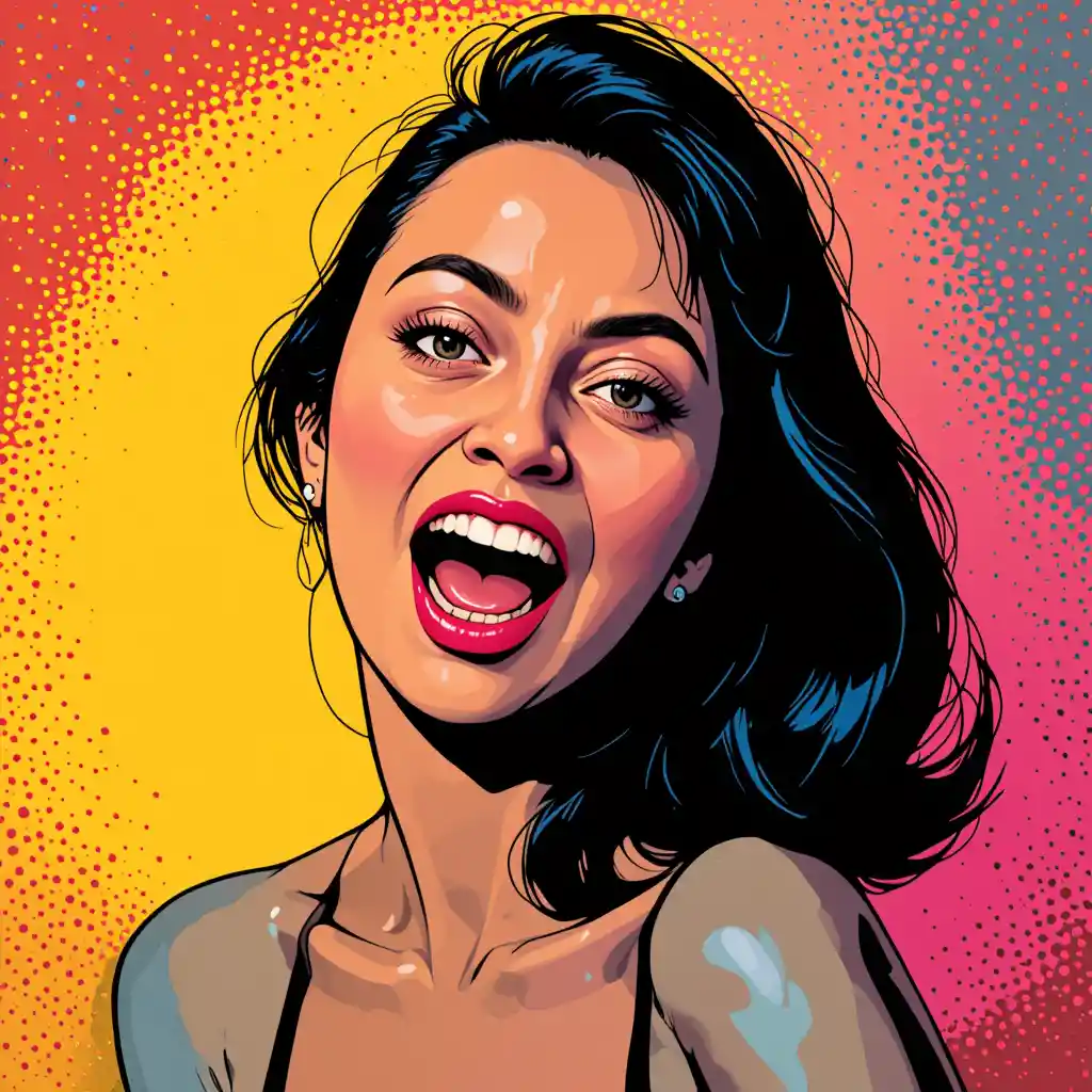 Ritratto pop art di una bella donna con lunghi capelli neri