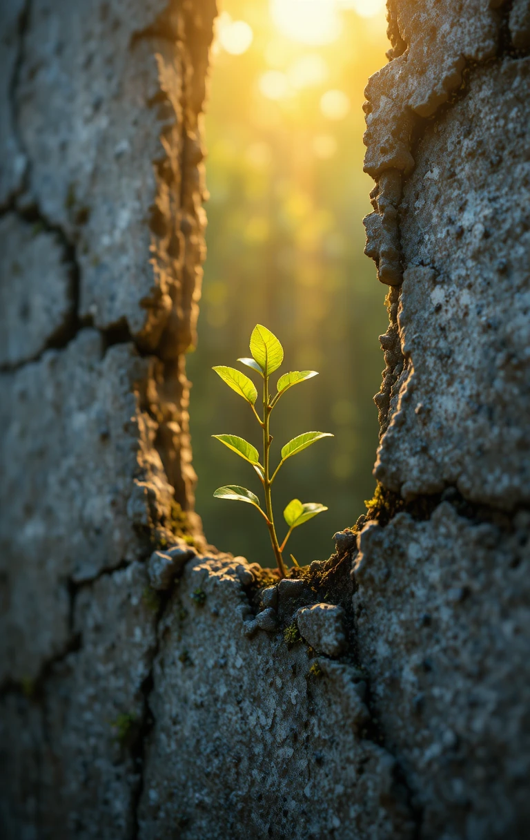 Tiny green sprout growing through cracks in an old wall