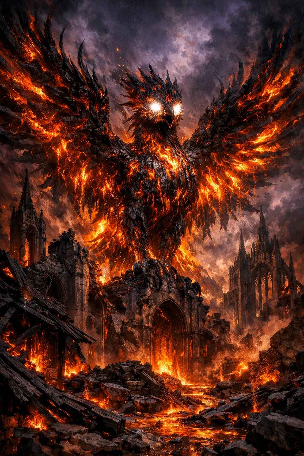 Fênix ancestral de magma erguendo-se sobre catedral gótica em ruínas