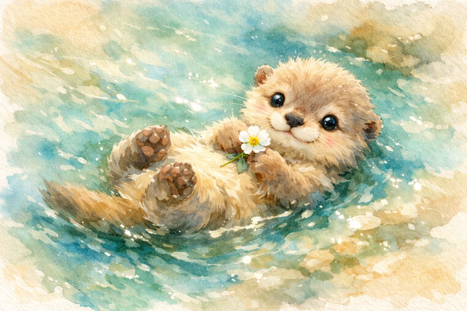 Dreamy watercolor baby otter floating in a clear river