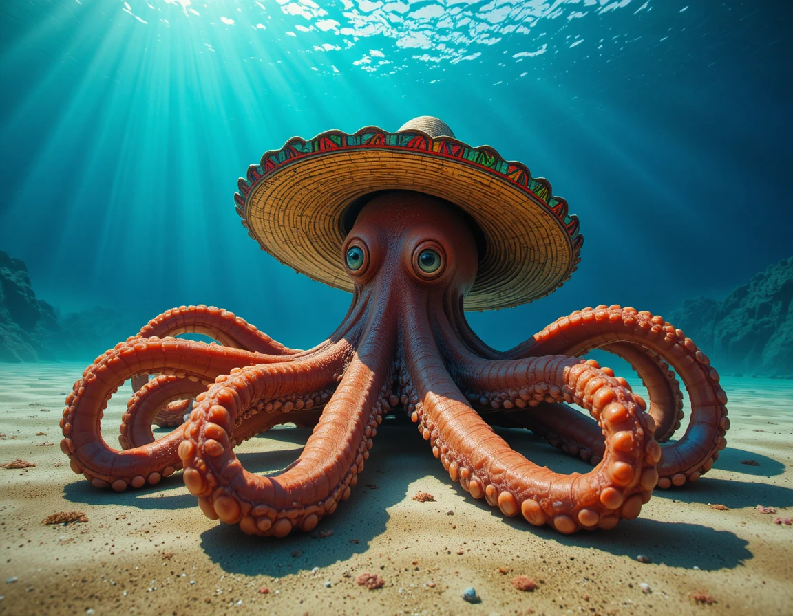 Poulpe fantaisiste avec sombrero sur un fond marin baigné de soleil