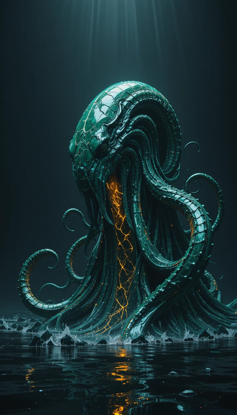 Colossale Kraken di Malachite che Sorge da un Mare di Marmo Nero