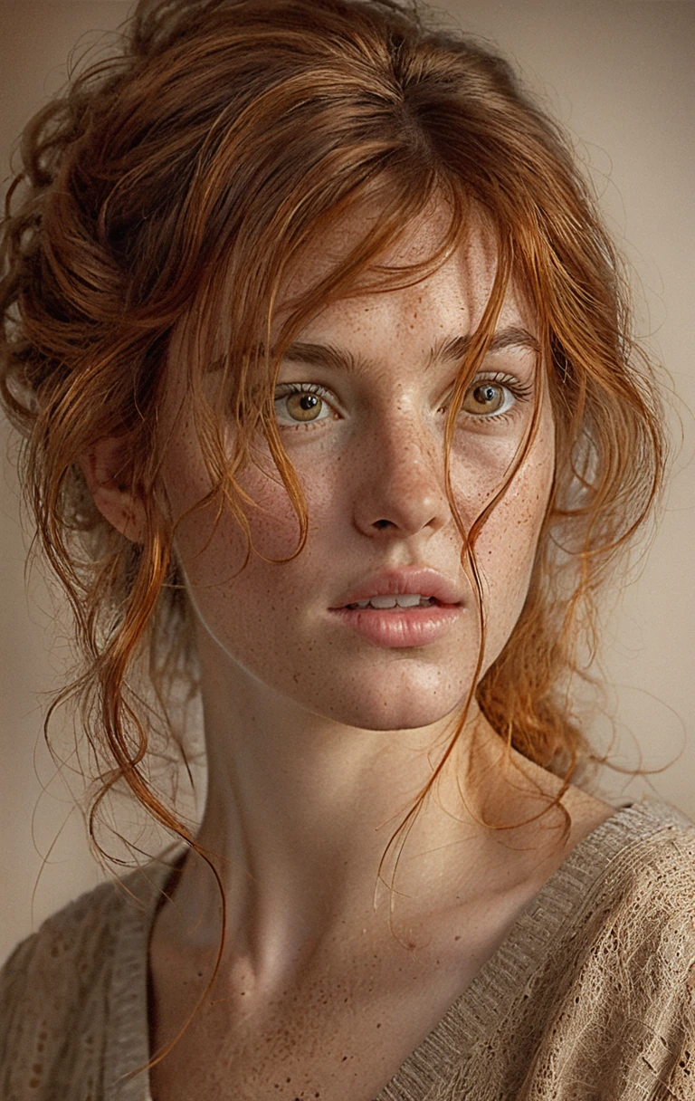 Portrait au fusain d’une jeune femme avec des taches de rousseur regardant vers le haut