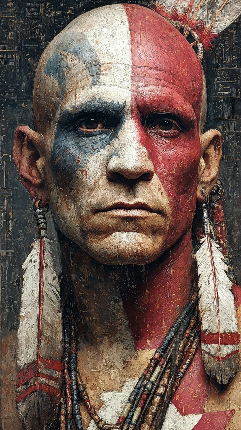 Portrait of a Native warrior with striking red face paint