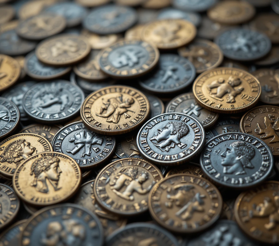 Macro close up of ancient Roman gold and silver coins