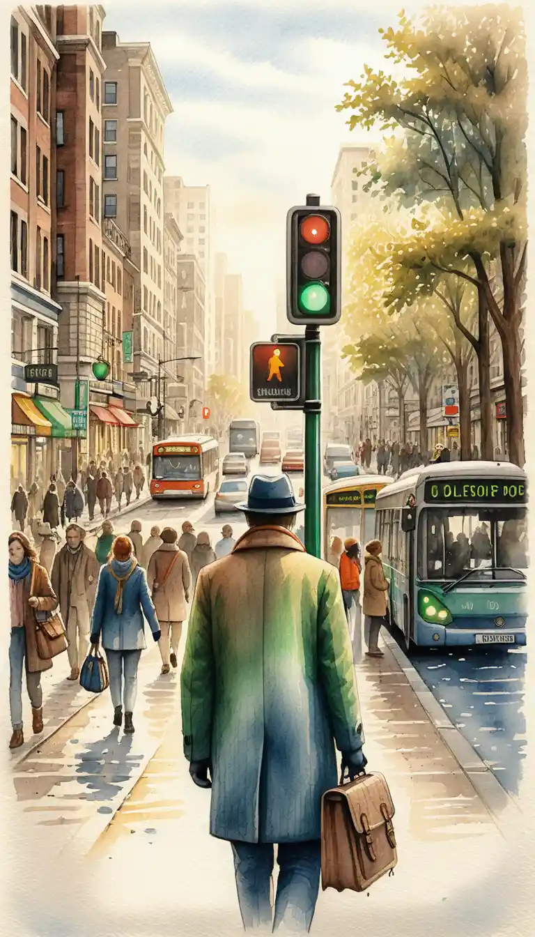 Illustration d’un Homme Marchant dans une Rue de Ville Animée le Matin