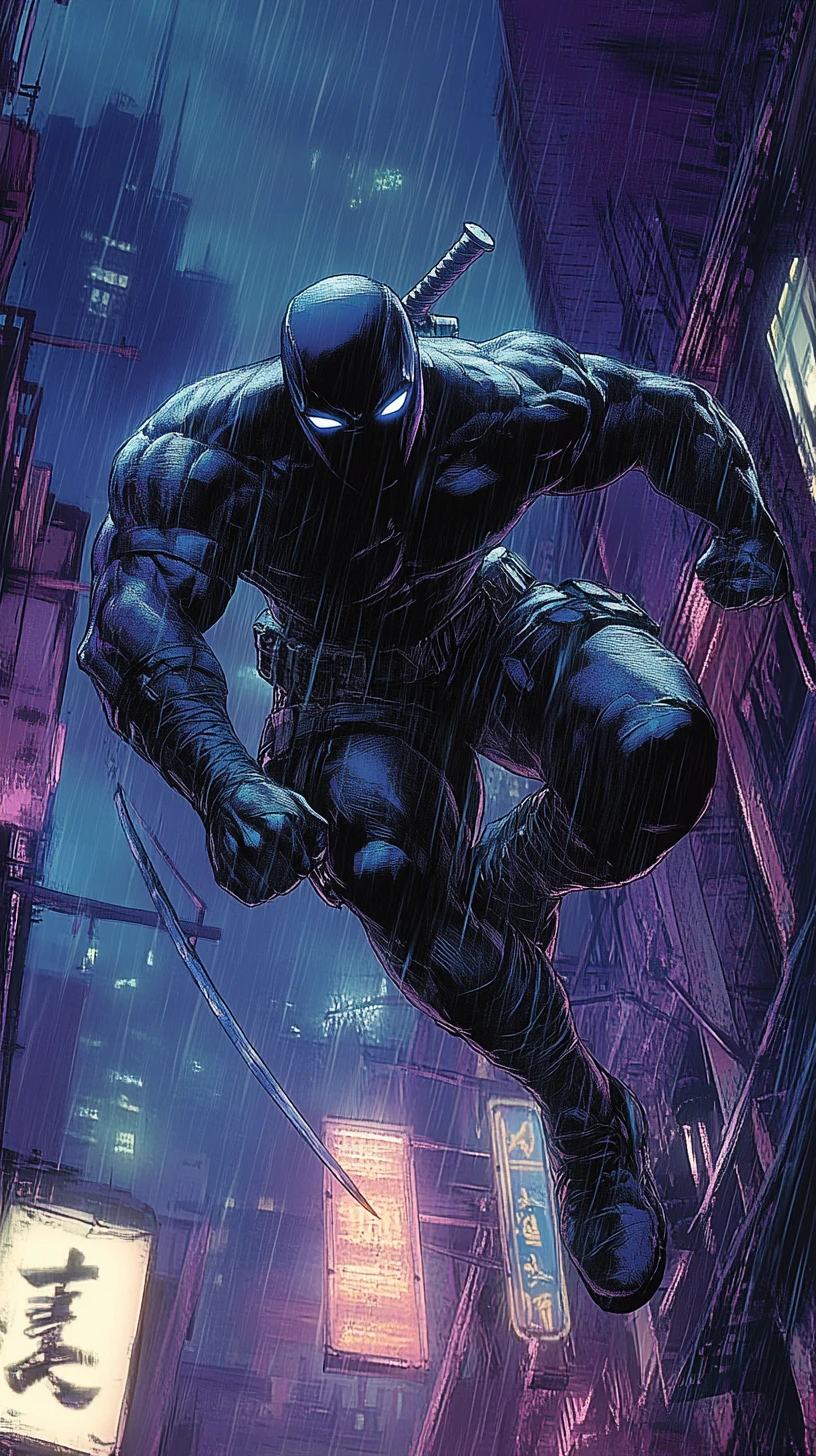 Ninja-Kämpfer springt durch dunkle Stadt in dynamischer Comic-Action-Szene