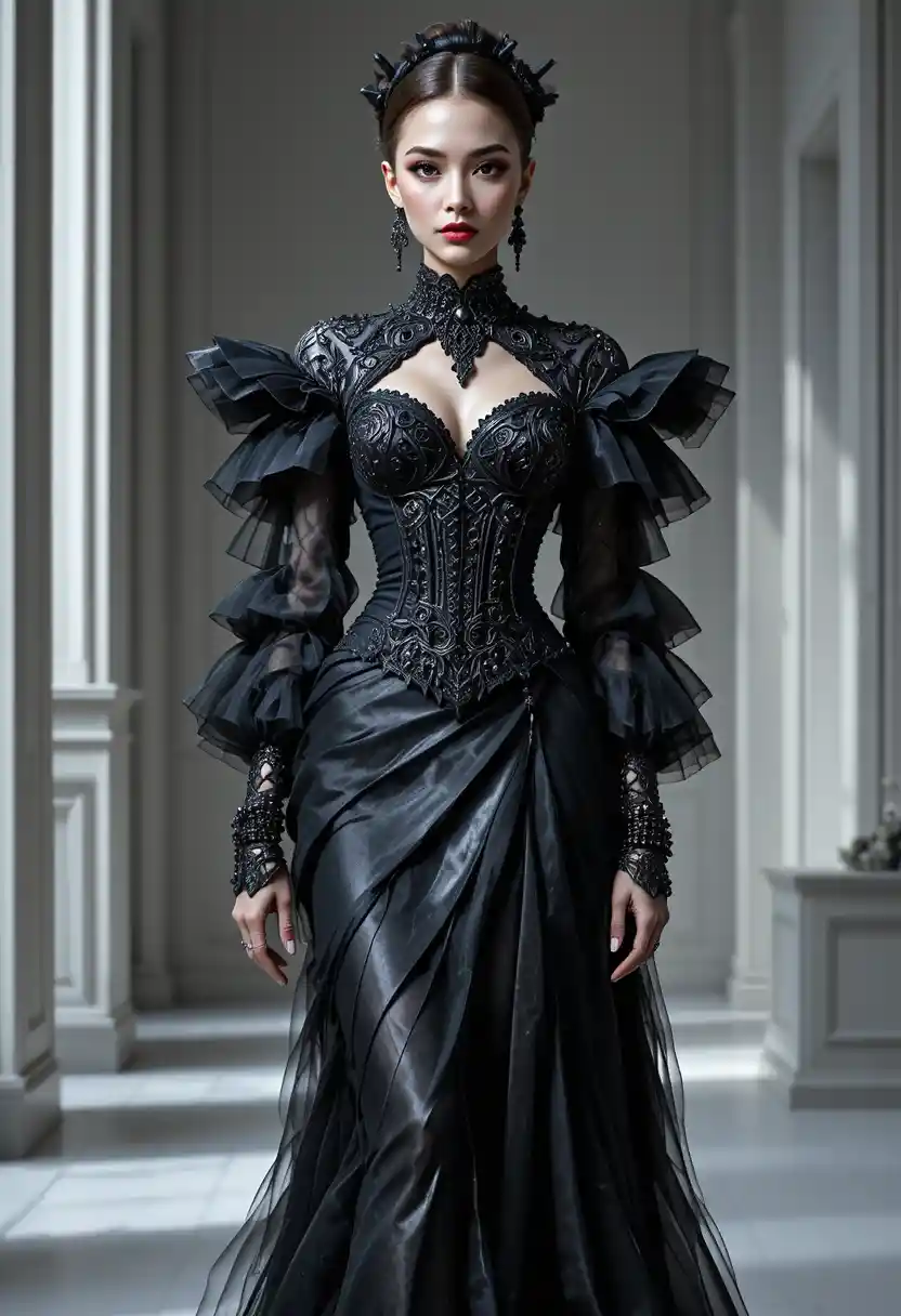 Ilustração de moda couture de mulher em vestido noir escultural