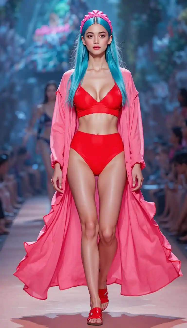 Giovane modella in costume neon sulla passerella di moda estiva