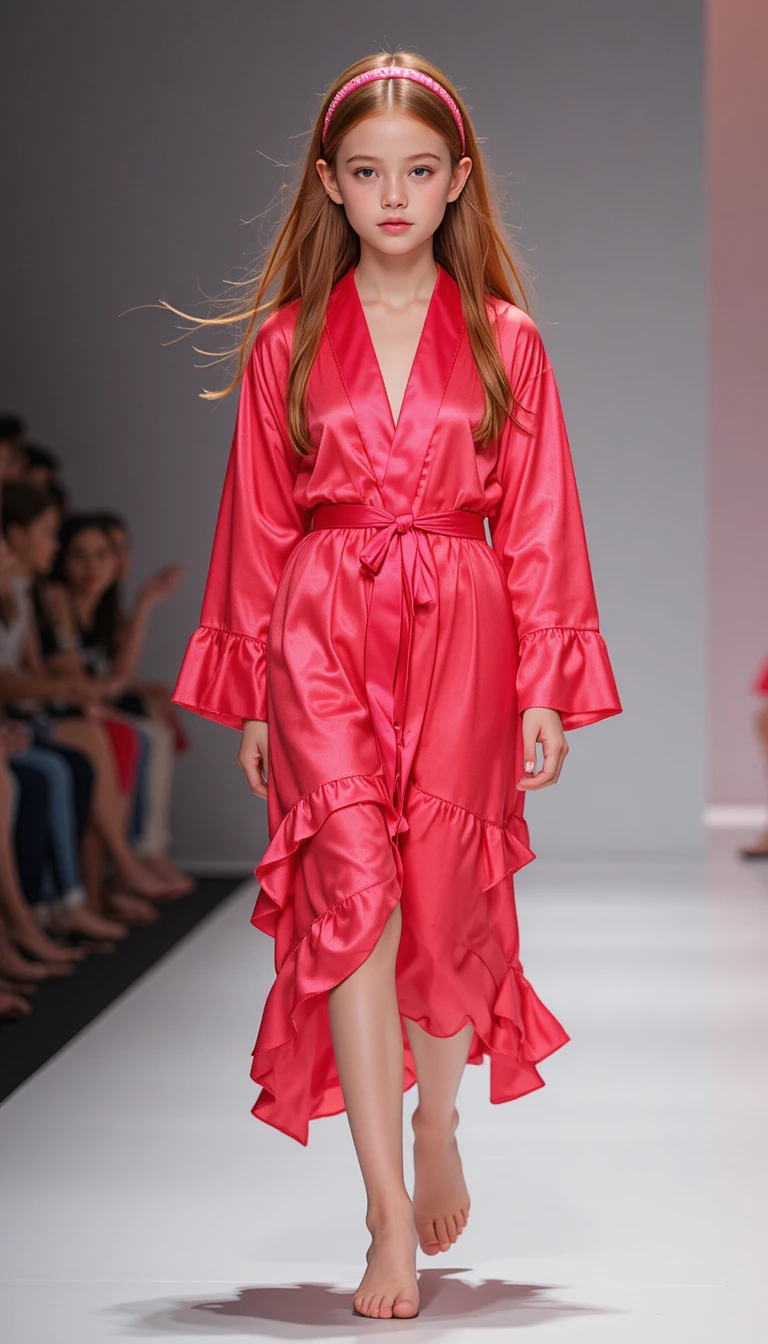 Young girl in neon red robe on fashion runway