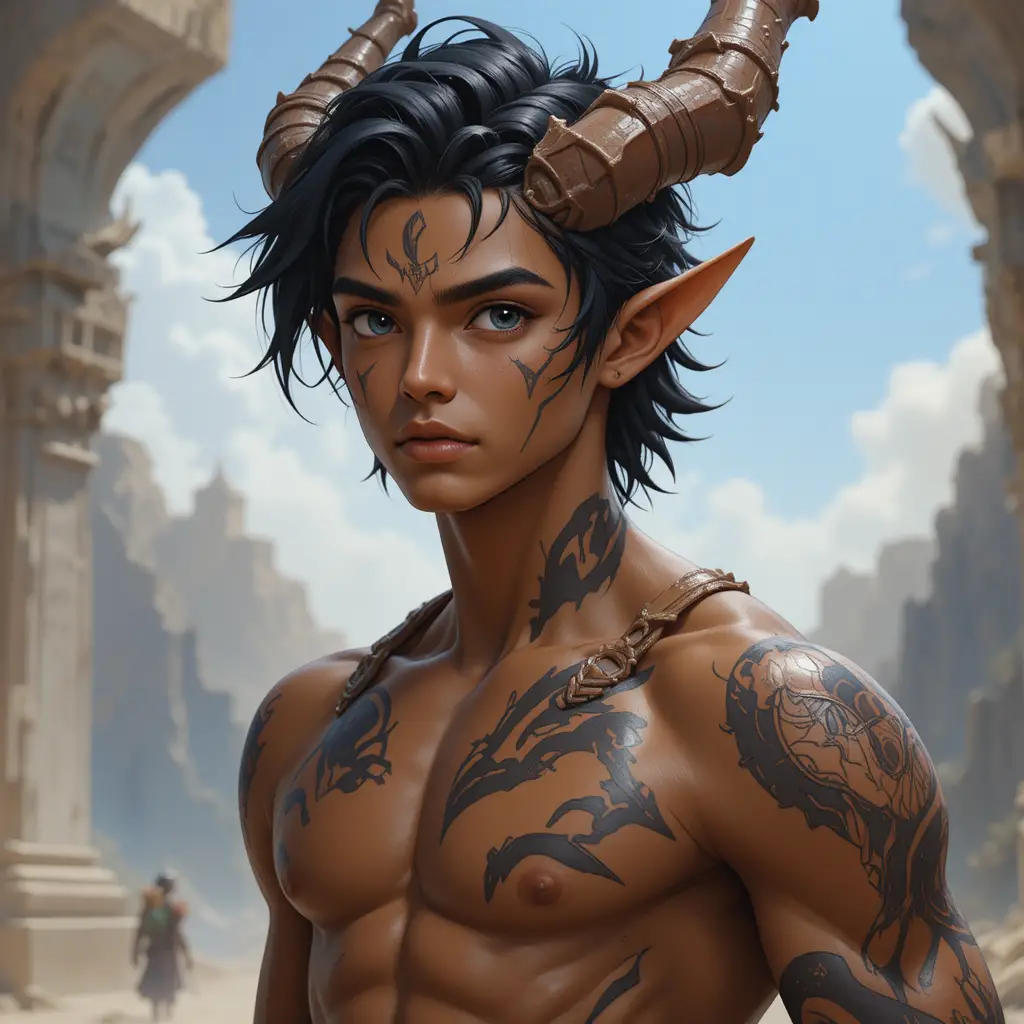 Jeune garçon elfe demi-dragon avec des cornes et des tatouages faciaux