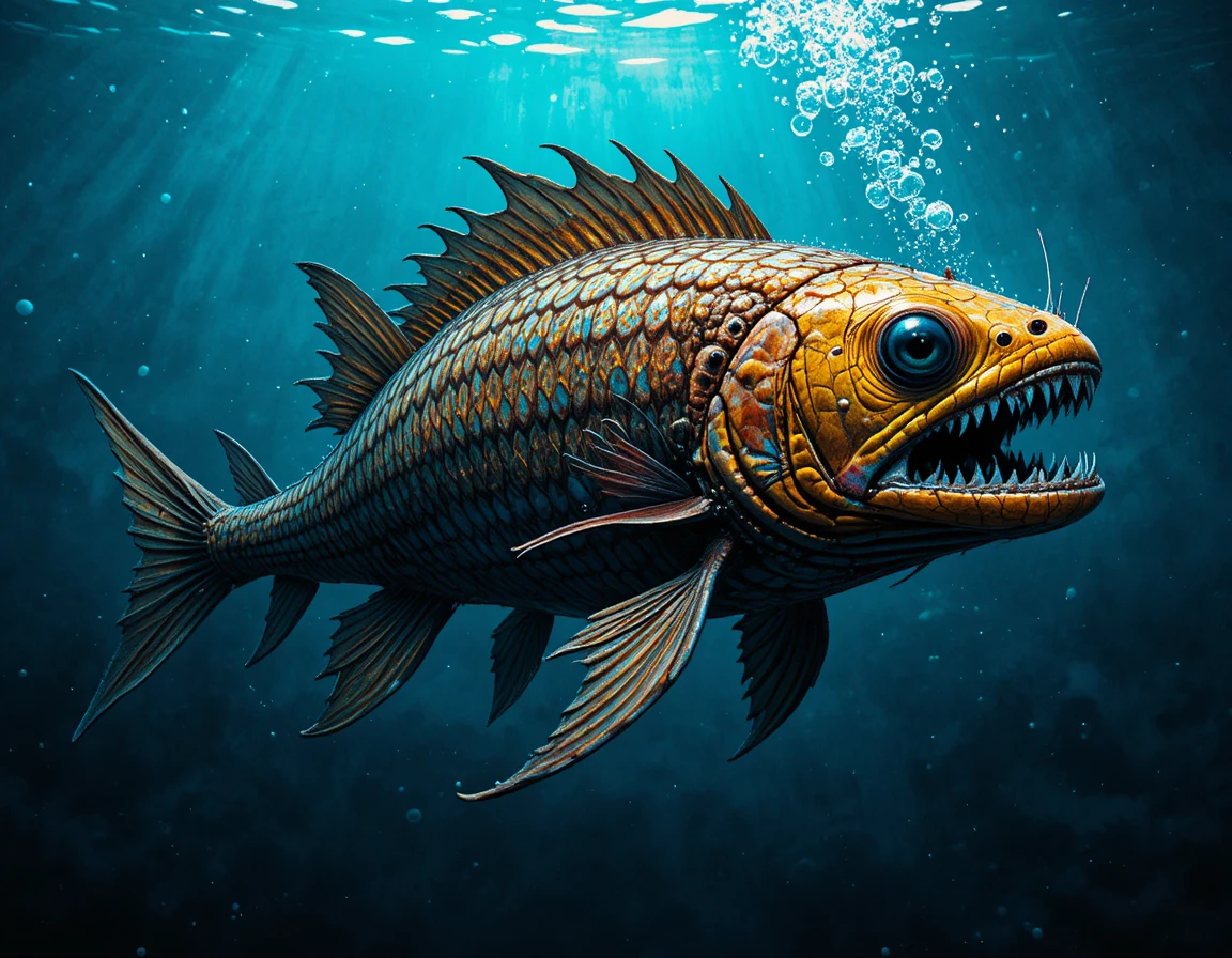 Fantasy deep sea fish swimming in a dark blue ocean