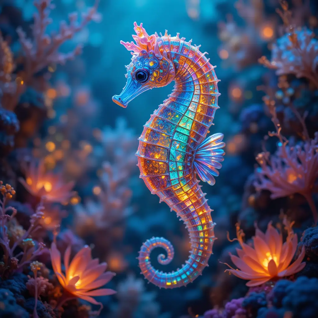 Iridescent seahorse drifting in a glowing underwater dream