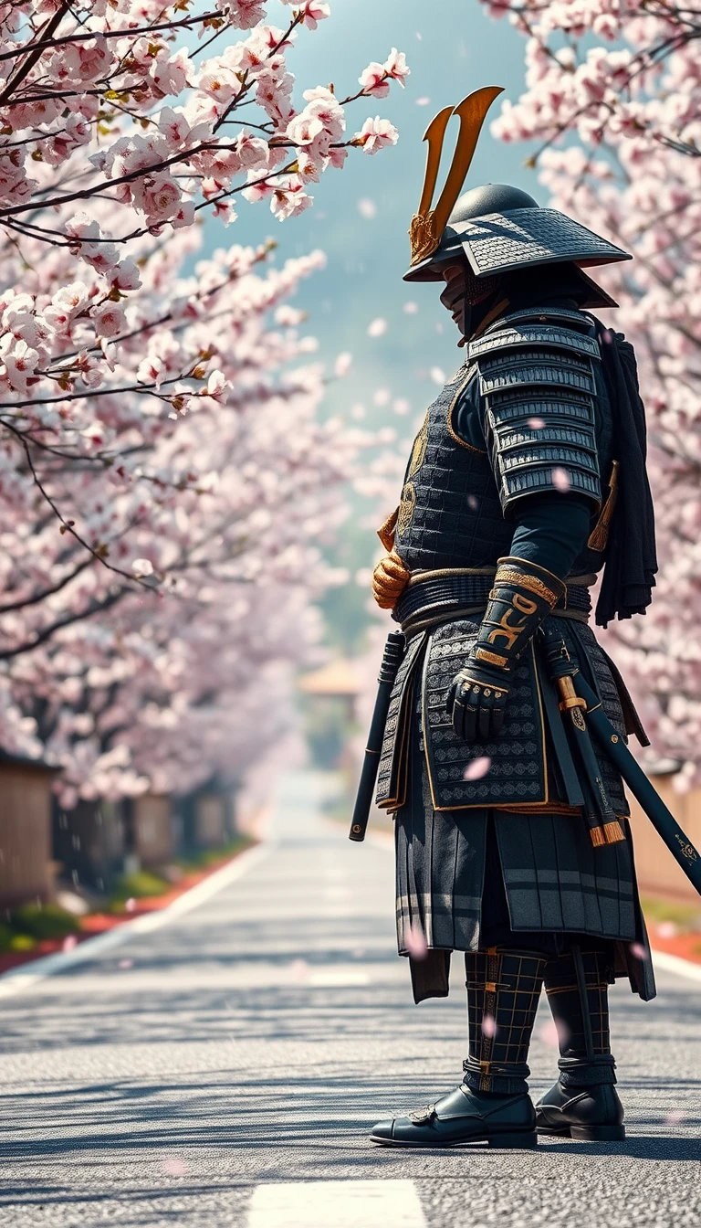 Samurai su una strada fiancheggiata da fiori sotto una lieve pioggia di primavera