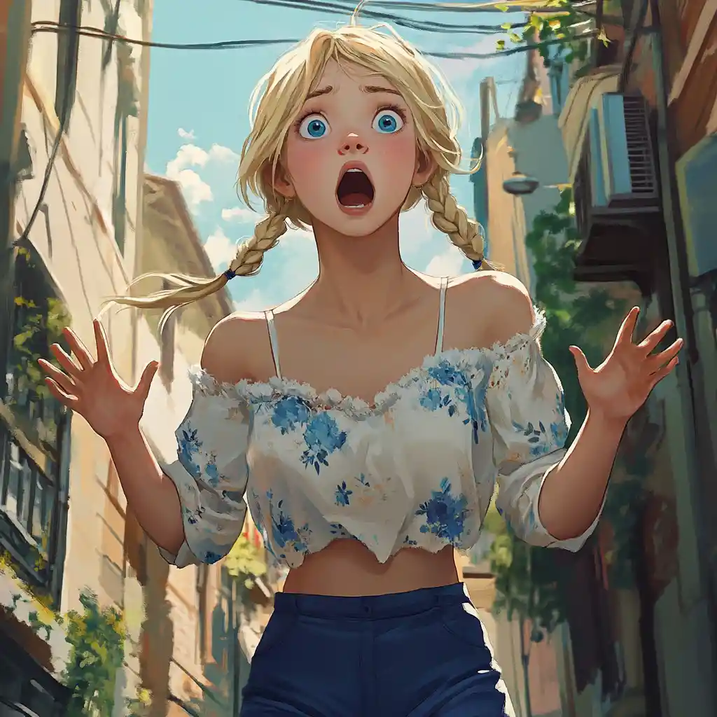 手の上のハエに驚く金髪の少女が街中に立つ