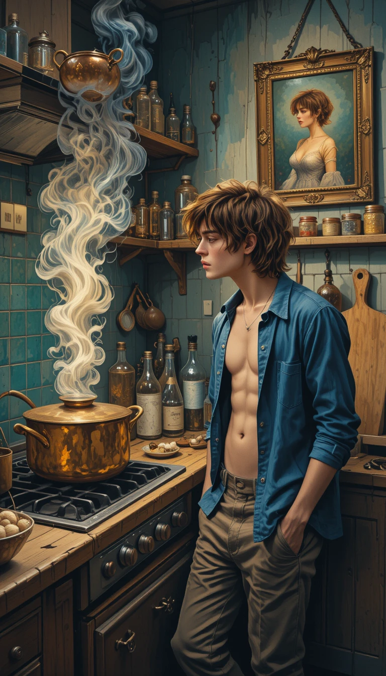 Young man smoking in a rustic bohemian kitchen
