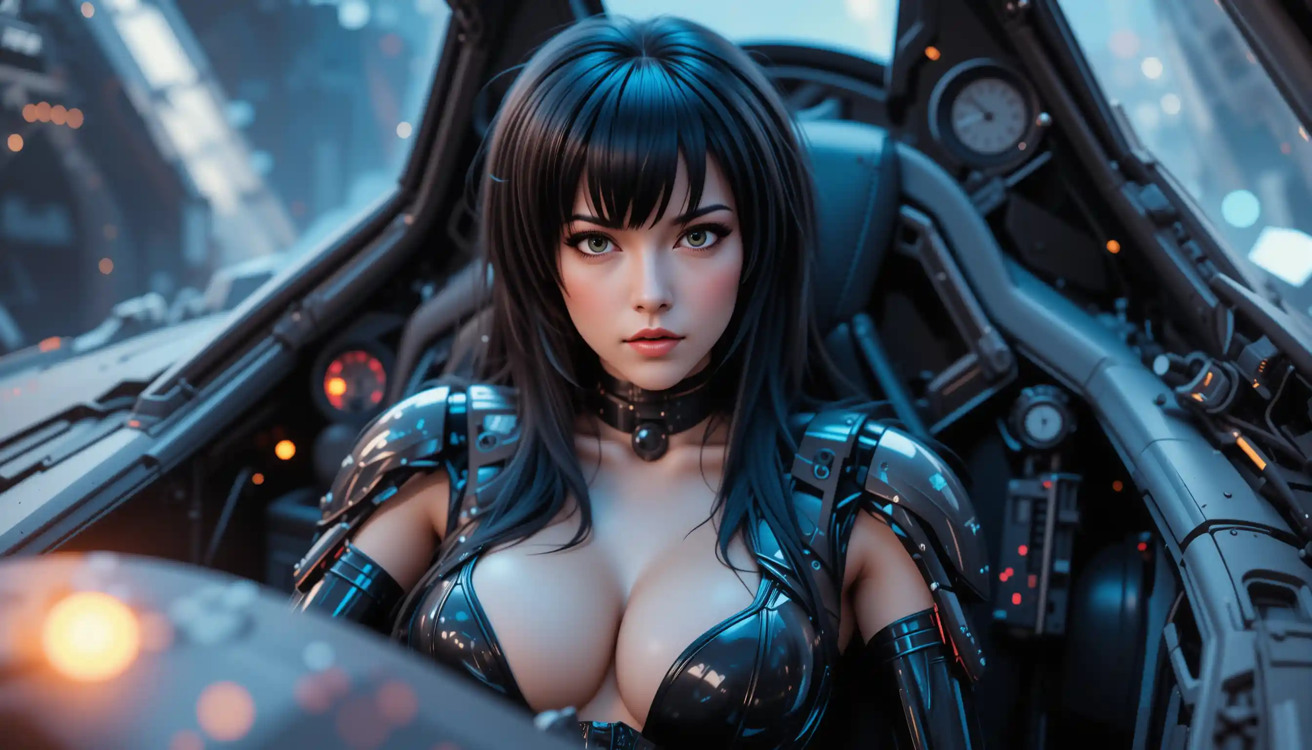 Donna androide seducente in un elegante cockpit di caccia stellare