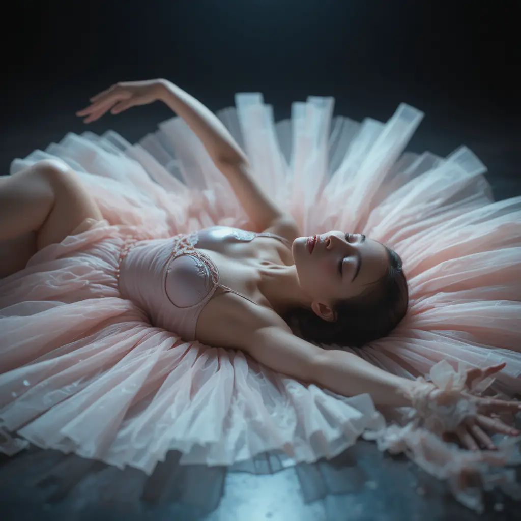 Bailarina Tumbada en el Foco de Luz en un Amplio Encadre Cinematográfico