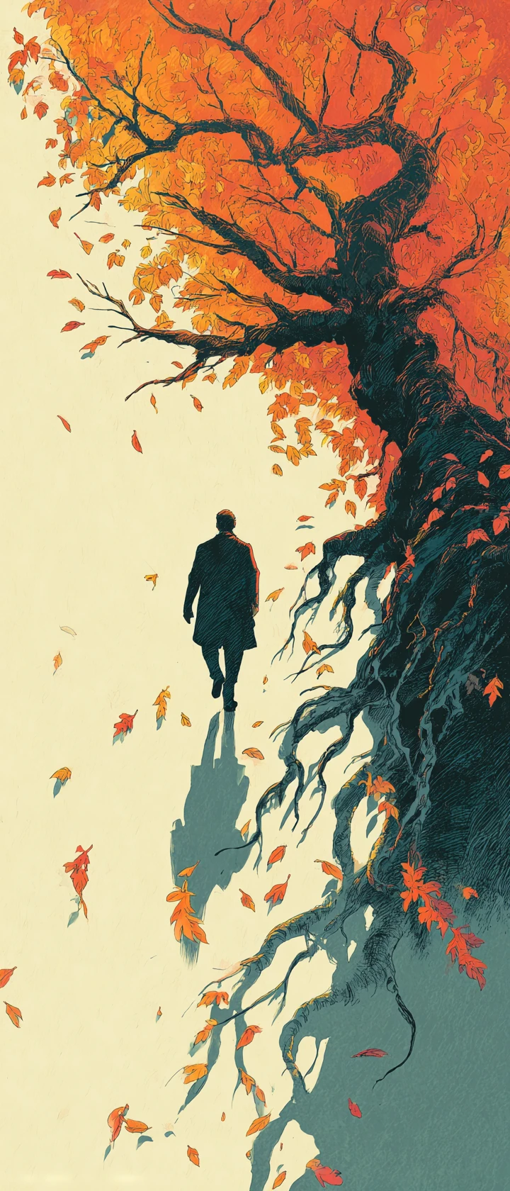 Middle aged man merging with an autumn forest path