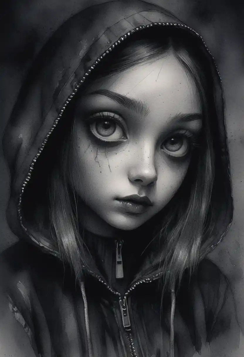 Ritratto monocromatico di una ragazza misteriosa con grandi occhi scuri