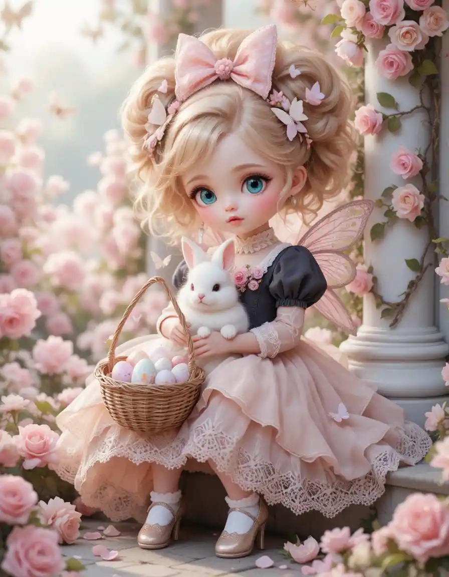 Whimsical Easter Girl With Bunny On Rose Covered Steps