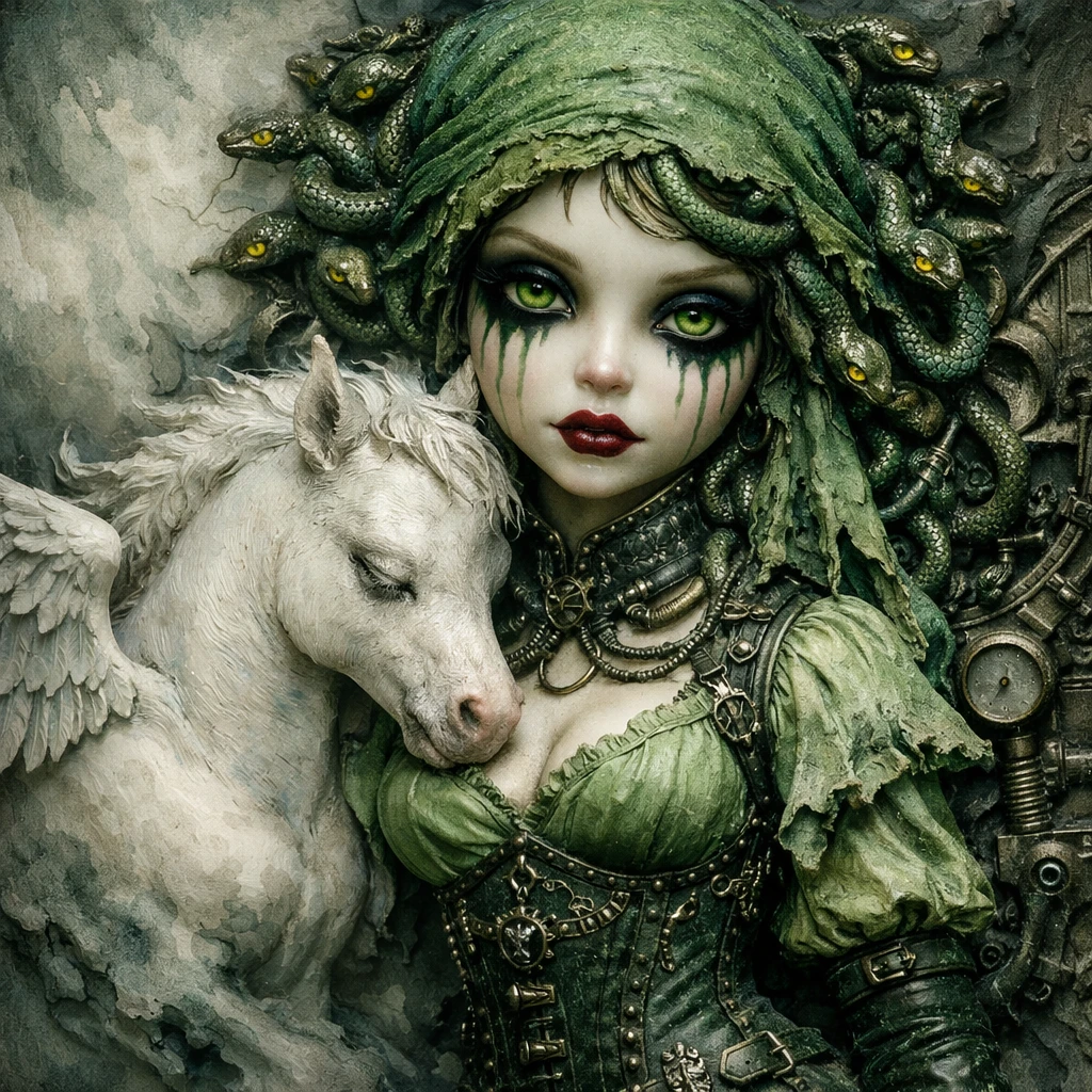 Primo piano di donna fantasy con capelli di serpenti e puledro di pegaso