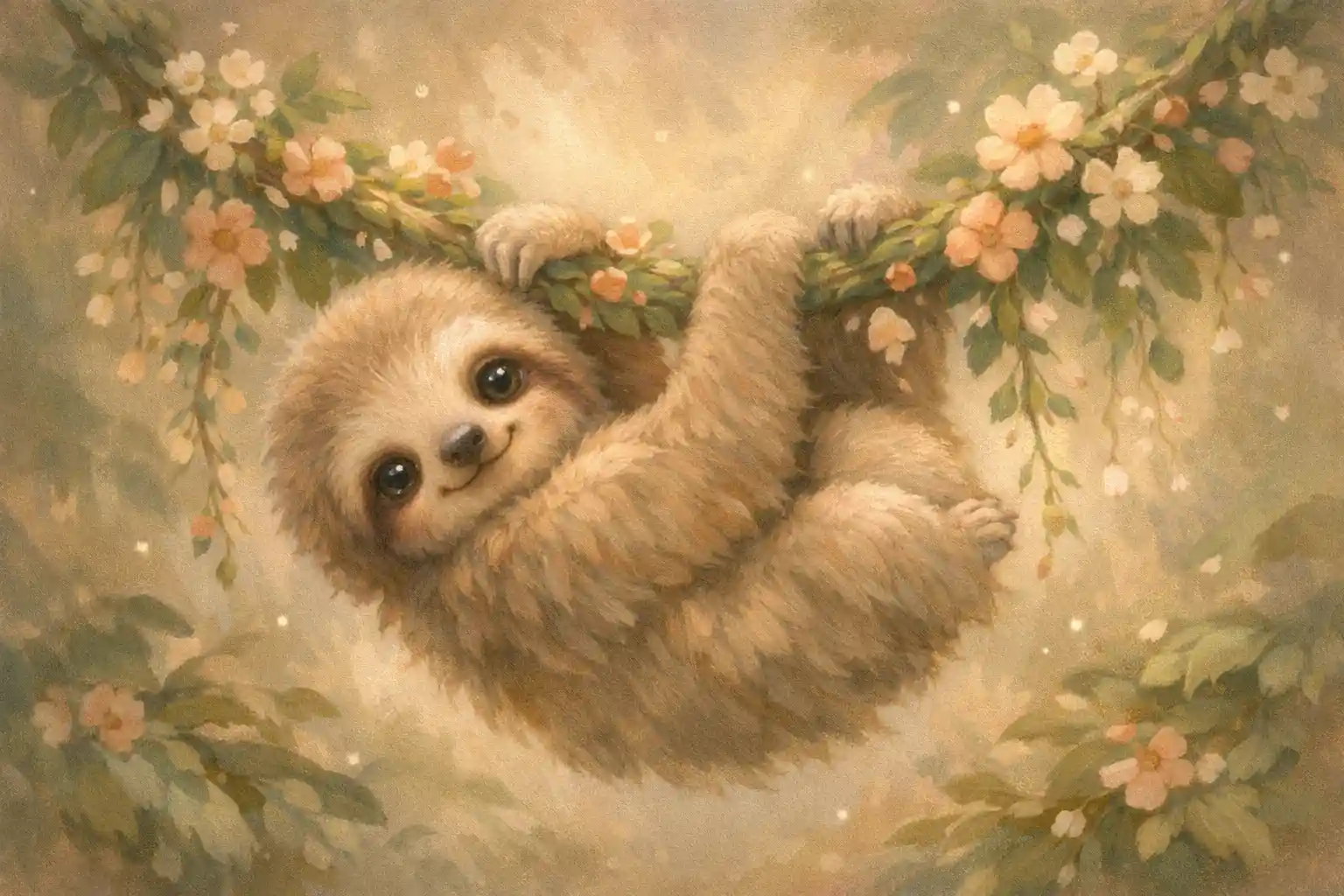 Perezoso bebé colgando de una liana florecida en la selva en suave gouache