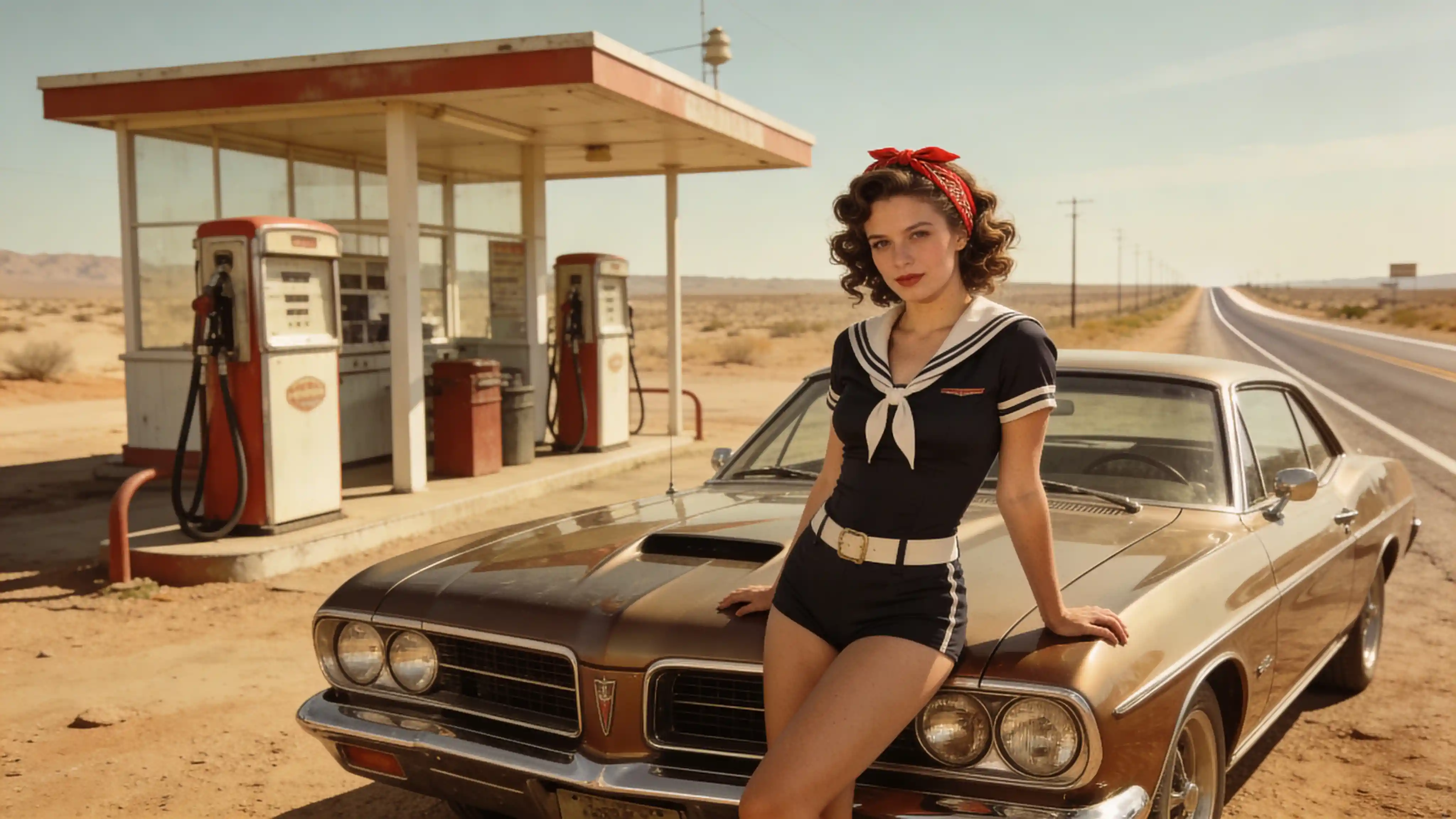Donna vintage con auto d’epoca a una stazione di servizio nel deserto