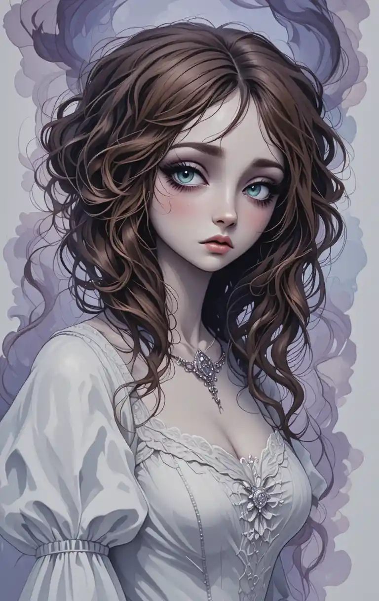 Retrato andrógino melancólico con vestido victoriano blanco pálido