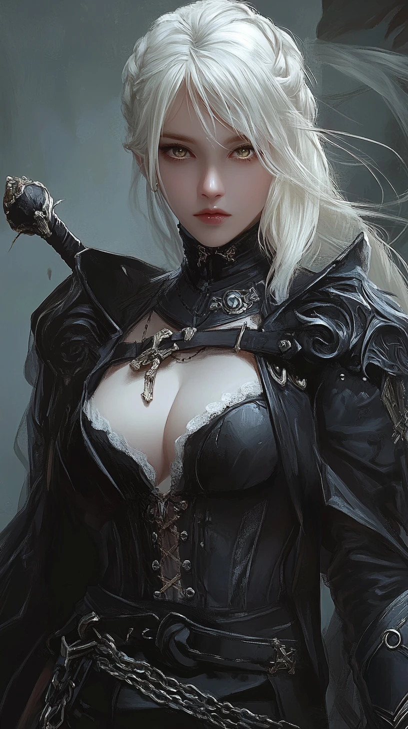 Mujer de anime de cabello blanco con alas negras en gótico dorado