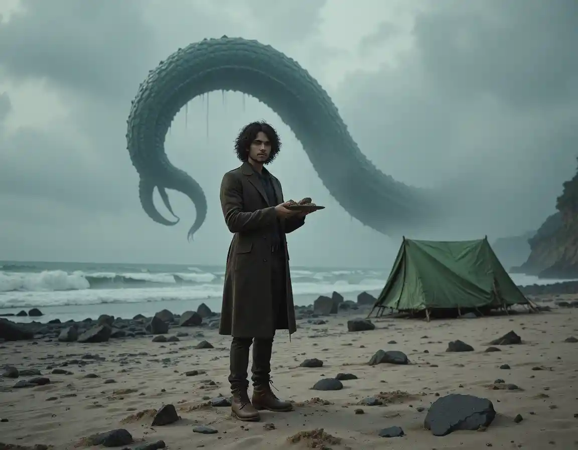 Lone man on desolate shore with towering sea tentacle