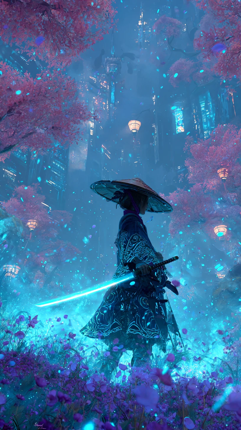 霓虹武士刀女子站在發光花海中