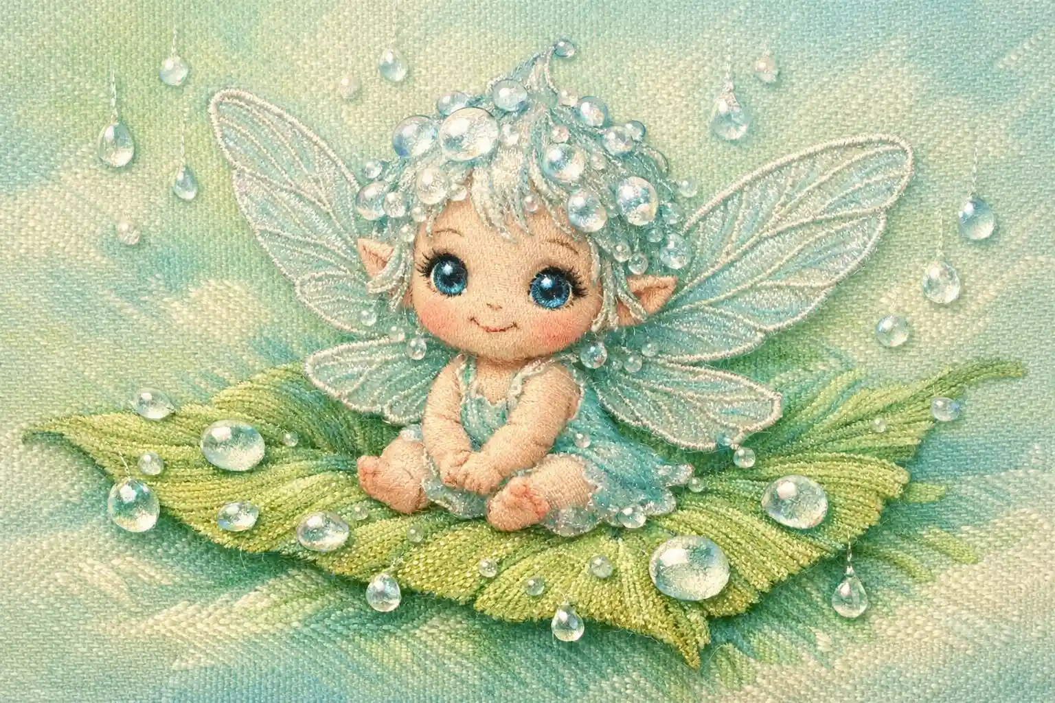 Whimsical baby fairy sitting on a dewy embroidered leaf