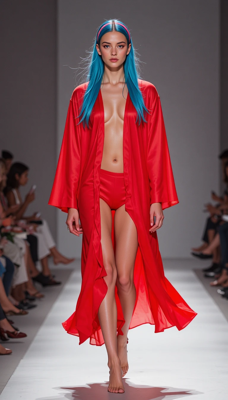 Giovane modella in vestaglia rosso neon su passerella di moda estiva