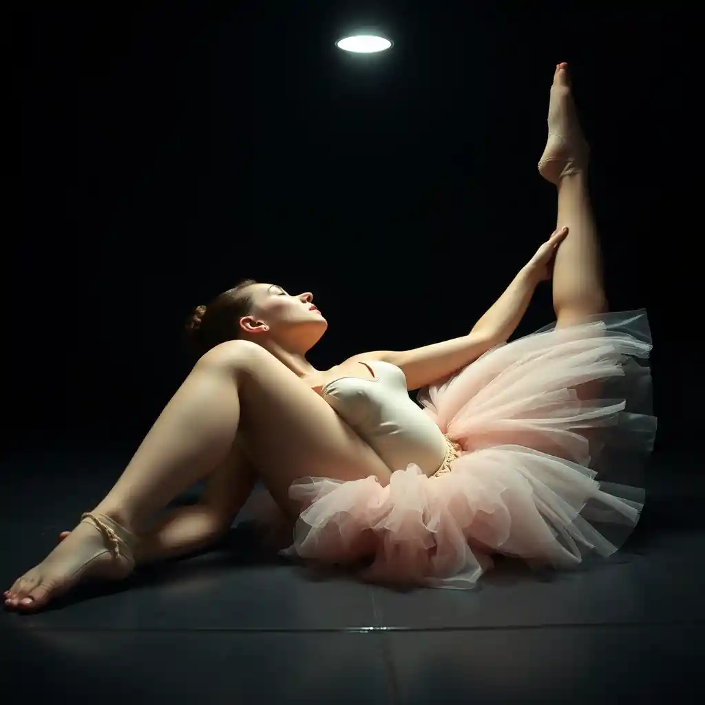 Ballerina liegt in poetischer Pose unter Oberlicht