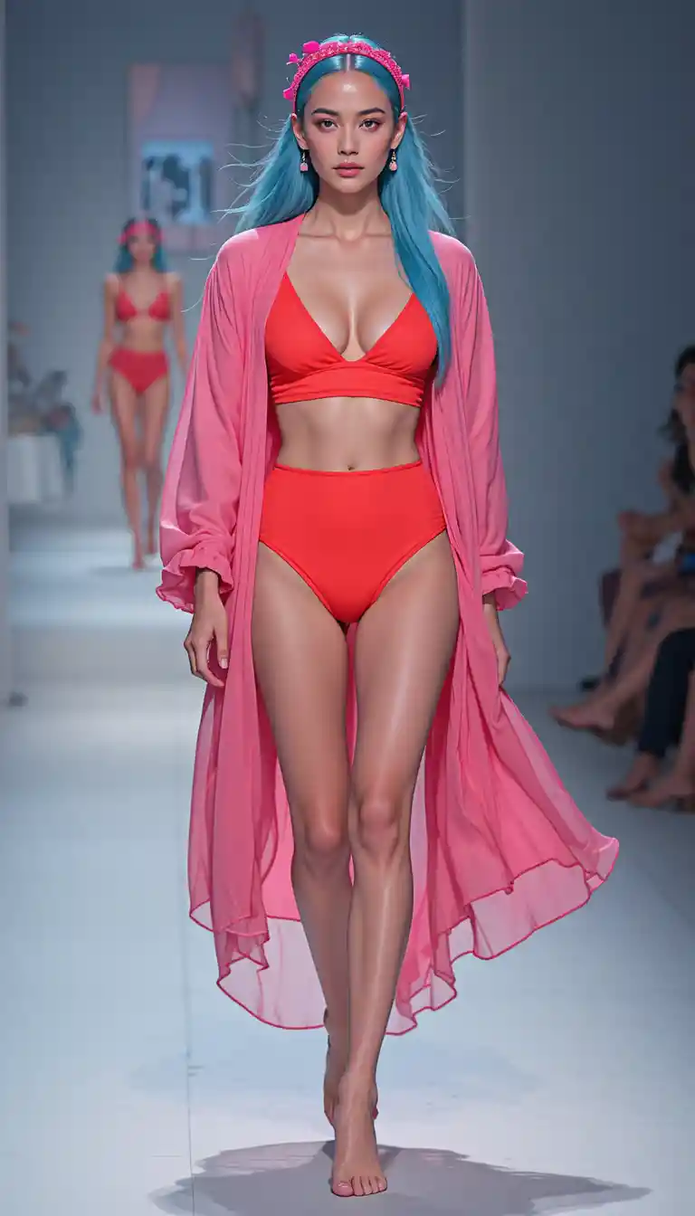 Giovane modella in costume neon su passerella estiva