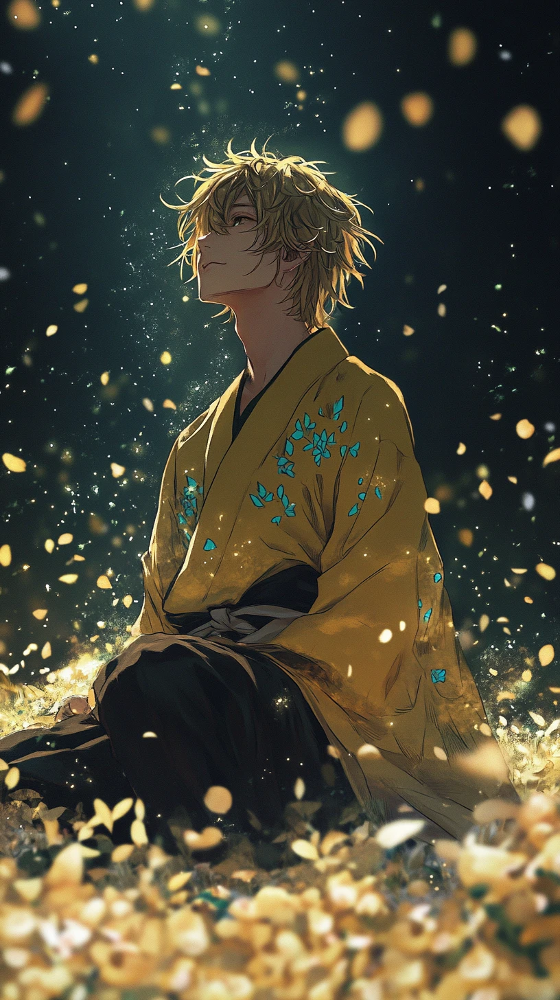 Anime man kneeling in golden field under starry cosmos