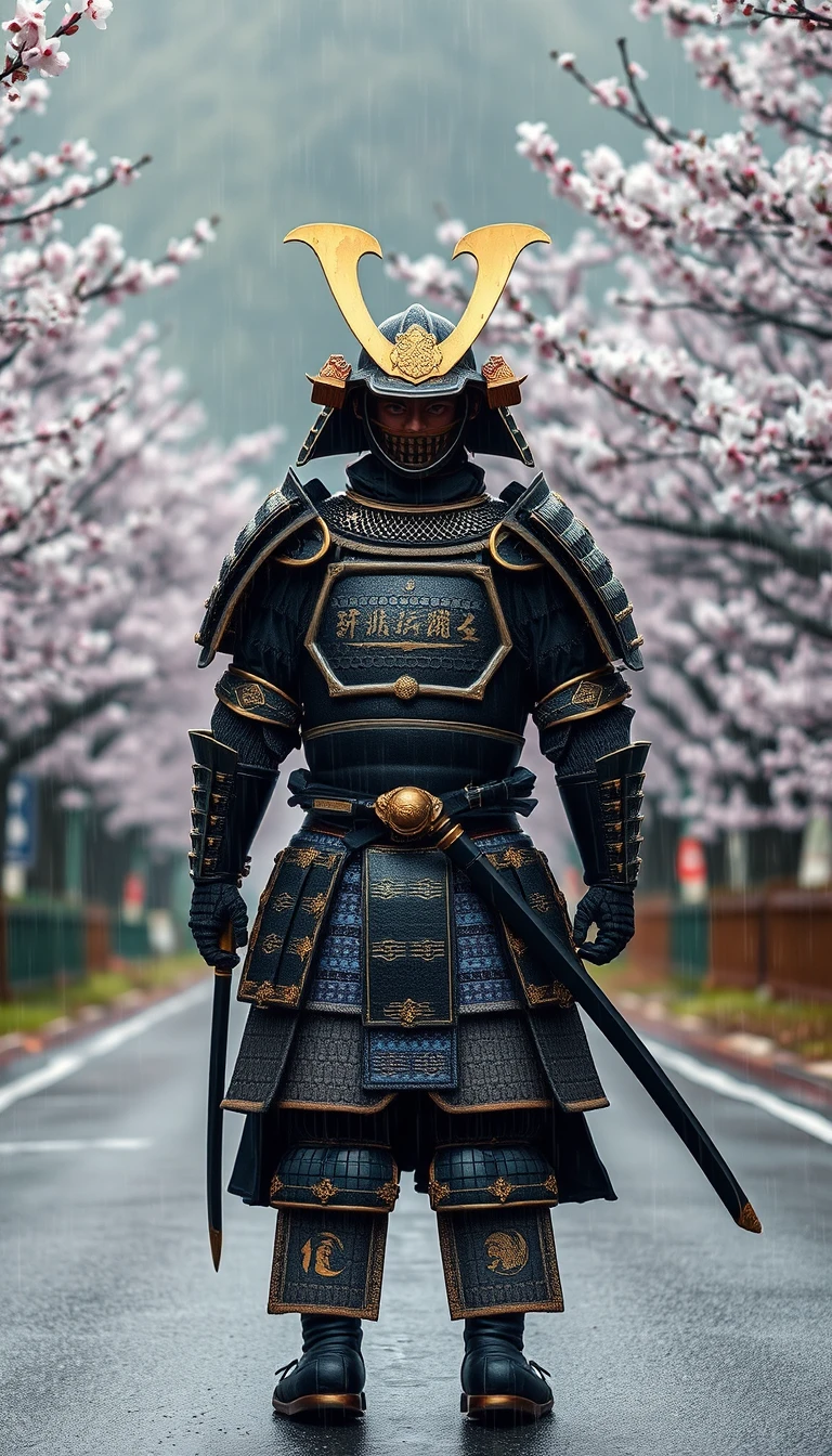 Lone samurai on a quiet blossom lined Japanese road