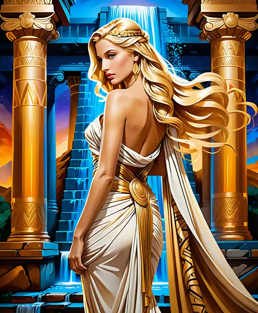 Roman princess in a luxurious toga at twilight banquet