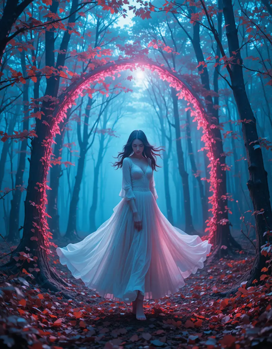 Girl in white dress standing in misty autumn forest